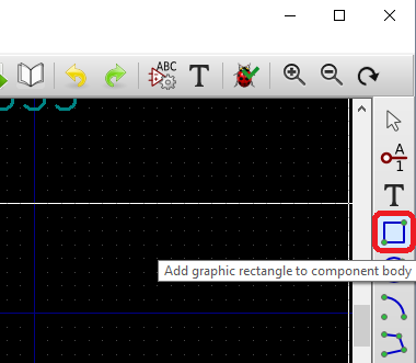 Screenshot highlighting the rectangle button in the right hand toolbar. It is the 4th button from the top and is labeled 'Add graphic rectangle to component body' in the tooltip